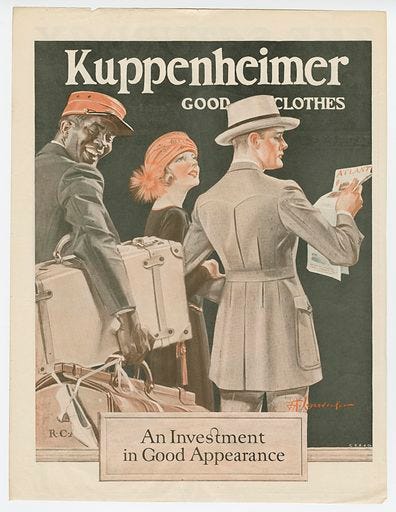 Advertisement depicts an African American porter facing the reader smiling wearing an orange-red porter cap and carrying two pieces of luggage. In front of him is a white man and woman. The man is looking straight ahead and wearing an overcoat and hat, reading a newspaper titled “Atlantic”. The woman is holding him by the arm wearing a black dress and an orange-red flapper-style hat, looking up at the man. At the bottom right corner is the signature “”JC Leyendecker”.